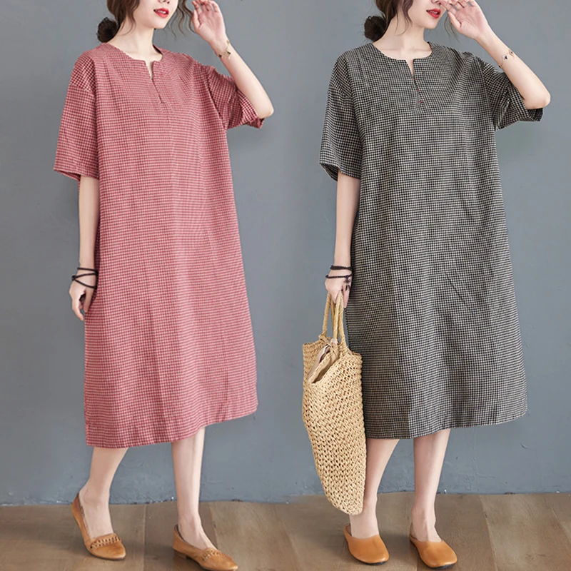 

plus Size Women's Plaid Cotton Linen Dr V-Ne ort Sve Belly Covering Age-Defng Midi A-Line Skirt Commute Sle