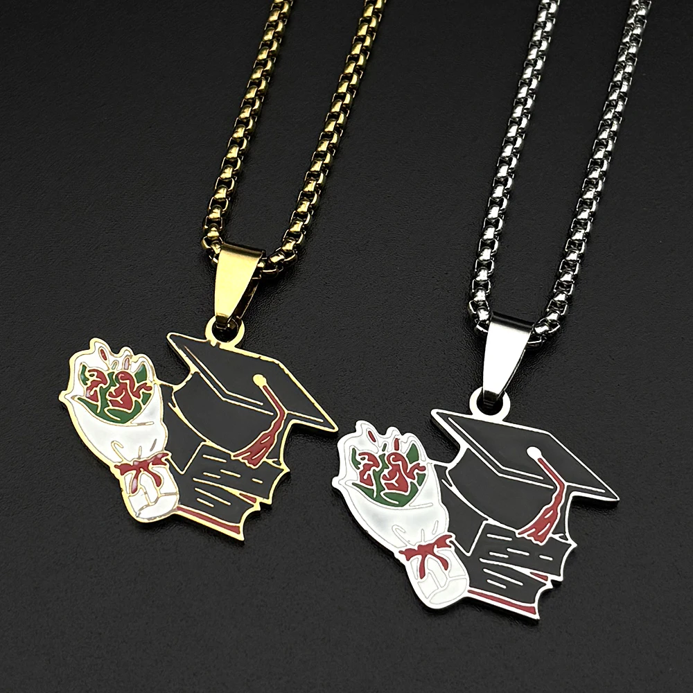 

Student Mortarboard Graduation Ceremony Necklace For Women Men Stainless Steel Bachelor Cap Chain Back To School Jewelry Gifts