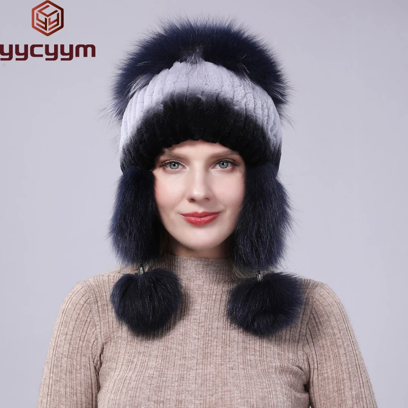 

2024 New Winter Hat For Women Warm Natural Genuine Rex Rabbit Fur Knitted Hats With Ear Flaps Handsewn Fashionable Bomber Hat