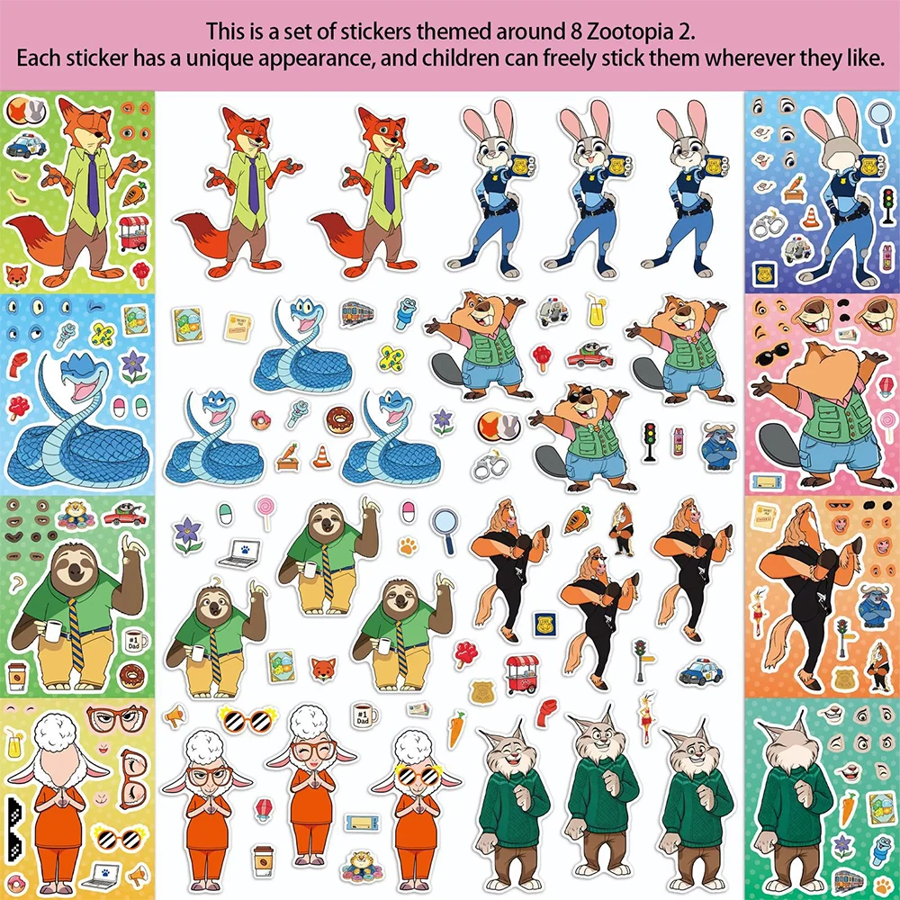 8/16sheets Disney Cute Zootopia 2 Cartoon Puzzle Stickers Make a Face DIY Funny Party Game Assemble Jigsaw Decals Decoration Toy