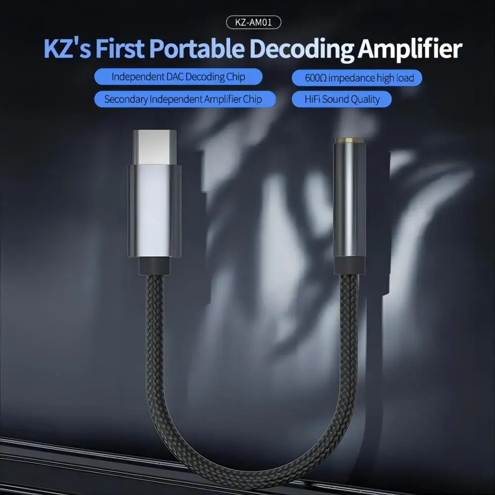 KZ AM01 Type-C to 3.5mm Audio Adapter, 32bit/384kHz Hi-Fi DAC + IC Amplifier Dual Chip Earphone Audio Cable