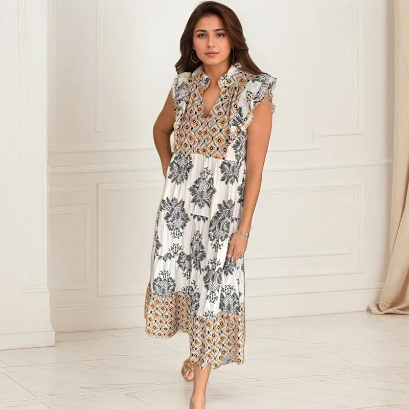 

Vintage Prints A-Line Dresses England Style V Neck Contrast Color Patchwork Flying Sleeves High Waist Pullover Dress For Women