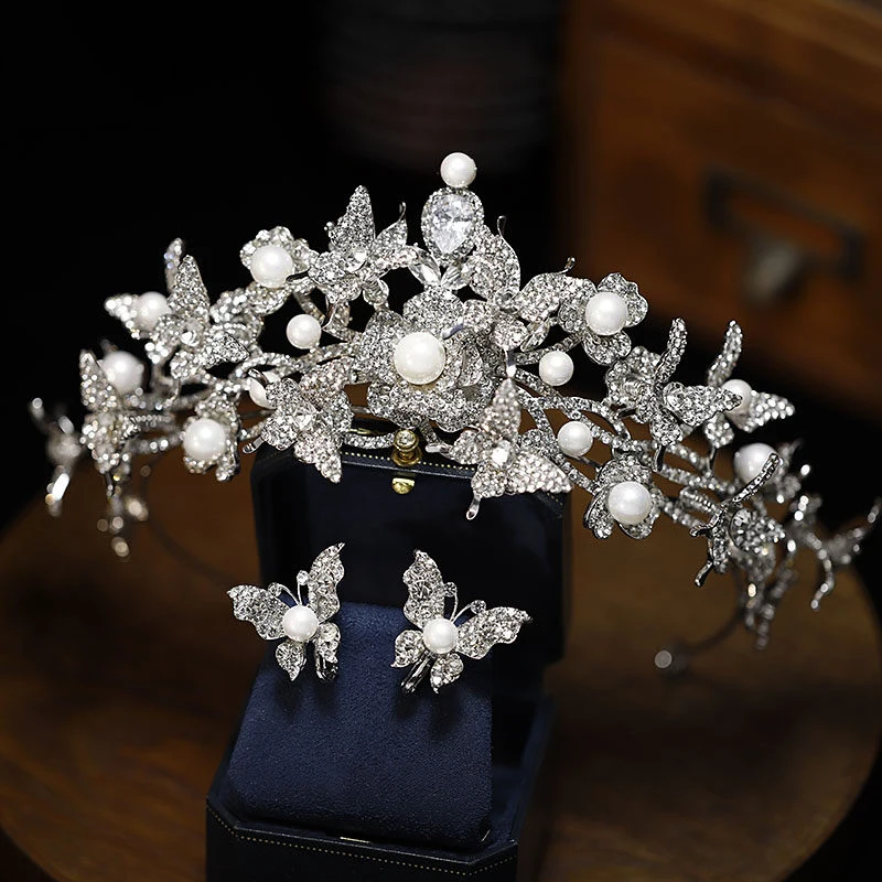 

New Luxury Large Pearl Butterfly Bride Hair Crown Wedding Headwear Royal Tiaras Hair Accessories
