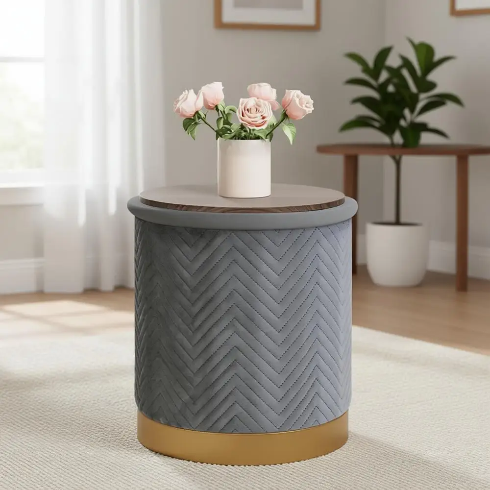 

Round Velvet Storage Ottoman with Gold Base, Footrest for Dorm or Living Room, Grey, 14.76x14.76x16.34