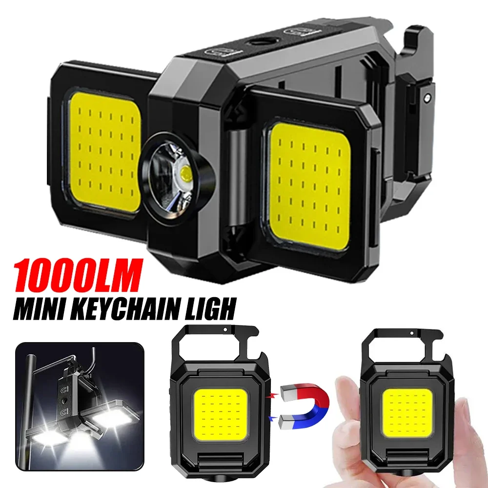 1000LM XPE Pocket Work Light COB LED USB Rechargeable Mini Keychain Light Flashlight IPX4 Waterproof for Outdoor Camping Hiking