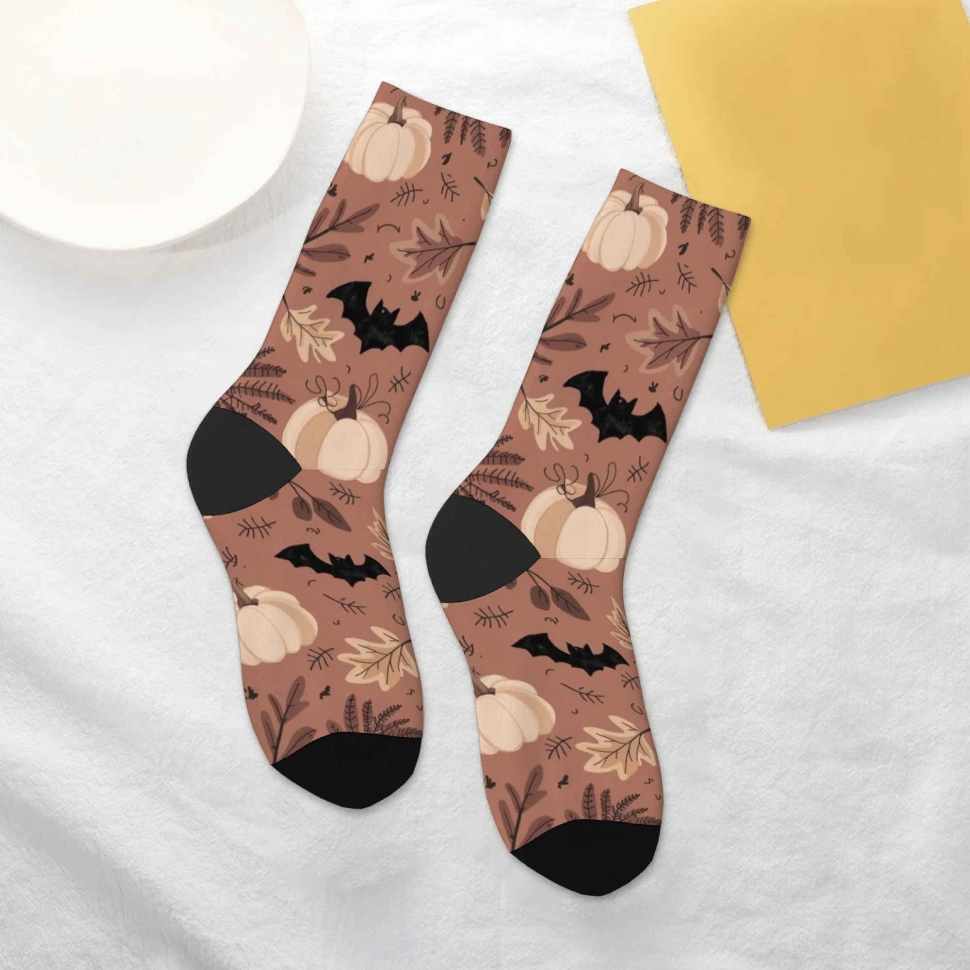 

Warm Brown Background Socks Autumn Leaves Pumpkins & Bats for Halloween Durable Knit for Outdoor Activities & Seasonal Layer