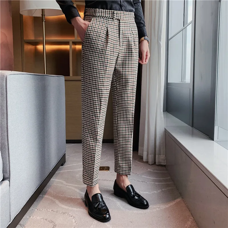 High Quality Plaid Suit Pants for Men 2023 Autumn Belt Decoration Casual Business Dress Pants Slim Fit Office Social Trousers