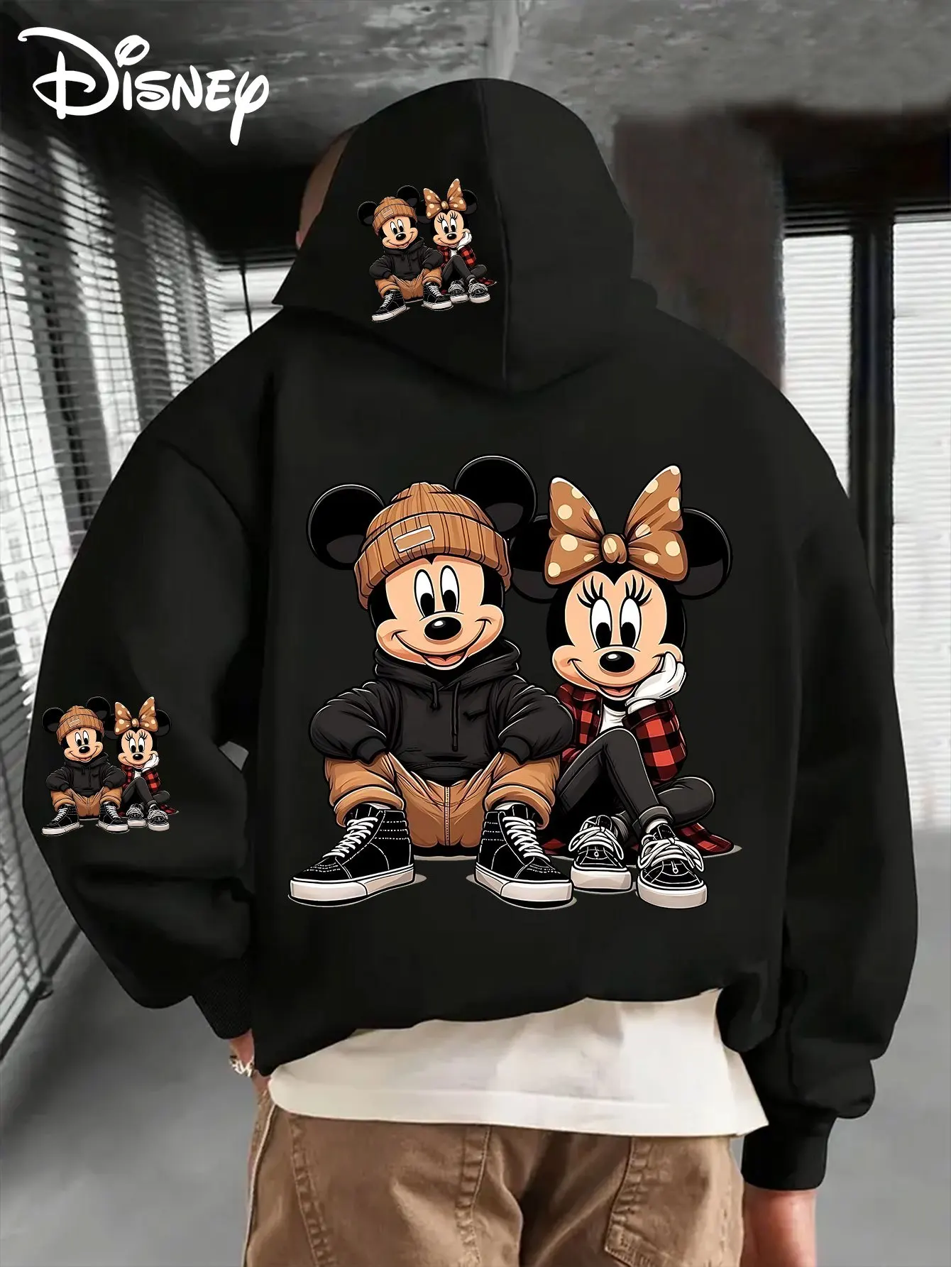 Unisex Disney Mickey Minnie Fleece-Baumwoll-Kapuzenpullover, schwarz, sitzend, Strickmütze und kariert, großer Rückendruck, Kängurutasche, lockere Passform