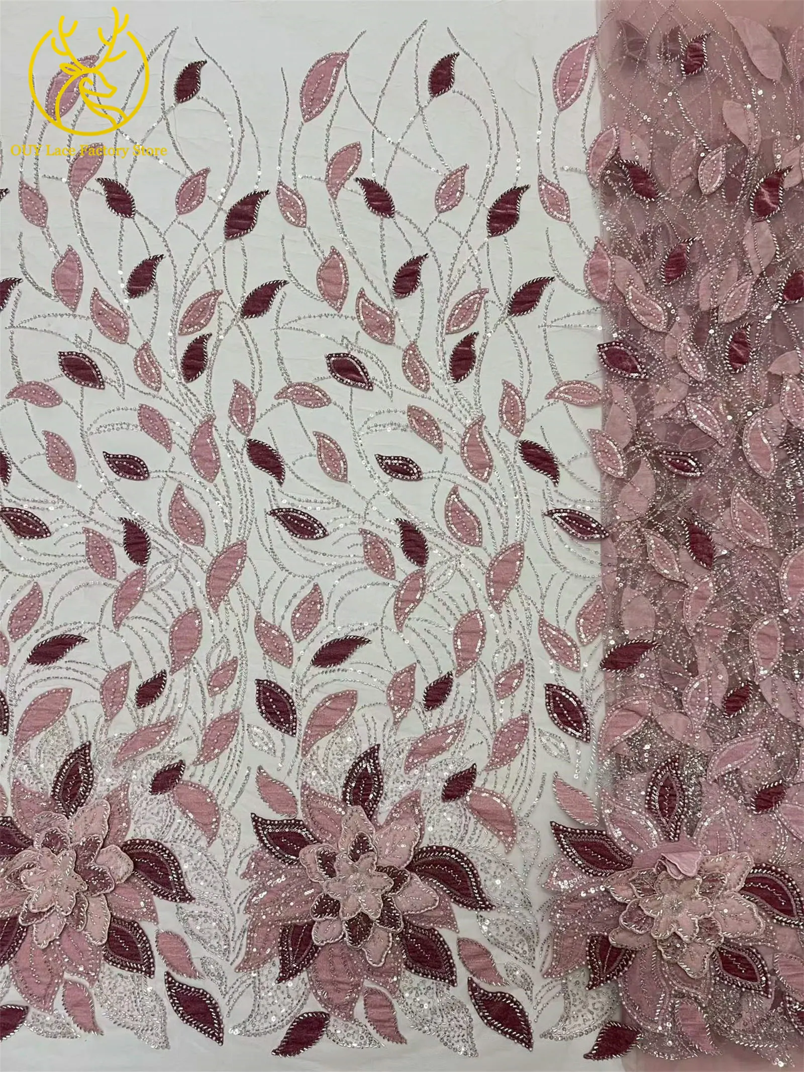 3D-Blumen handgefertigter Perlen-Spitzenstoff, afrikanischer Spitzenstoff, exquisiter nigerianischer Pailletten-Tüll-Spitzenstoff für Hochzeitskleider zum Nähen – Detail 8