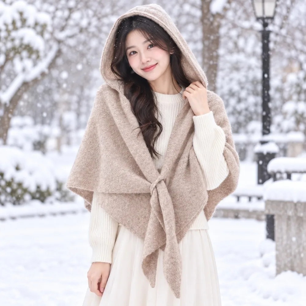 Wool Blend Hooded Triangle Scarf Thick Knit Cozy Texture Winter Knitted Cape Durable Flexible Drape Solid Neck Collar Outdoor