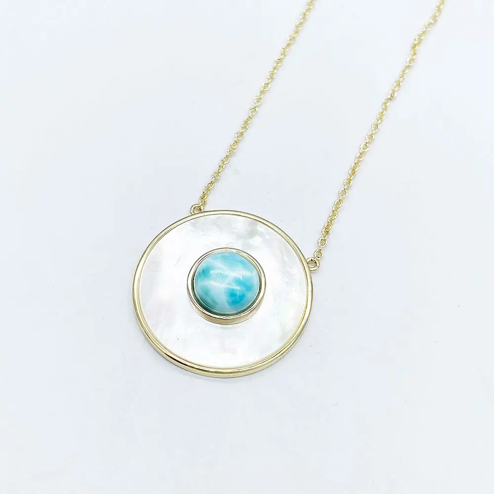 Trendy Natural Larimar Pendant 14K Yellow Gold White Shell Gemstone 8mm Necklace for Women Girl Party Fine Jewelry Gift view 6