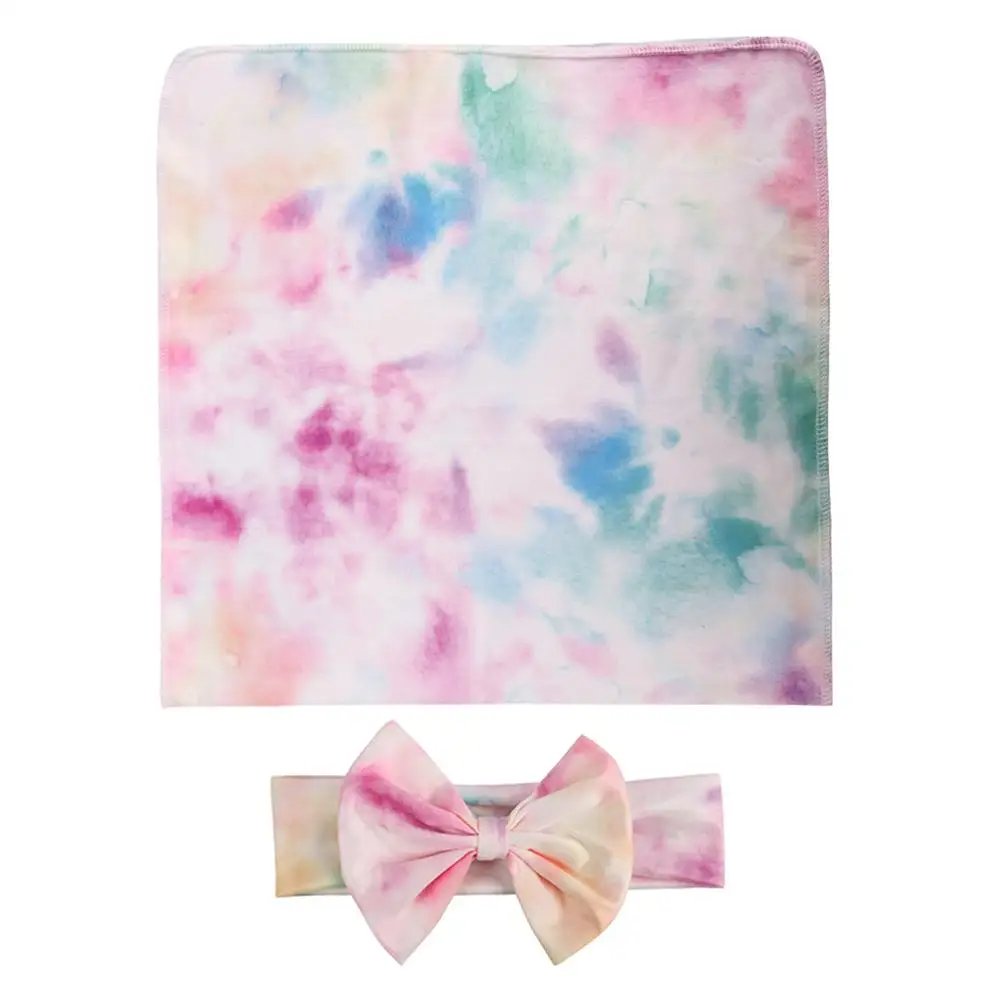 Baby Wrap Girl Blanket Bow Blankets Boys Swaddle with Silk Trim Receiving Bedding Tie Dye Set Photography