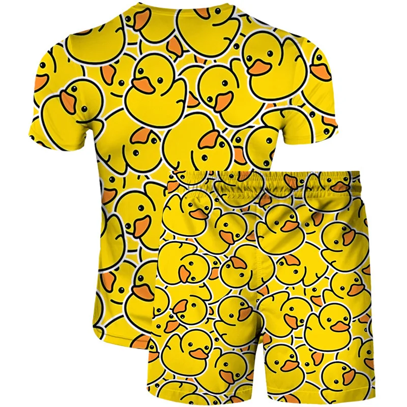 Funny Little Yellow Duck Summer Men\'s Set Large Size Printed Short Sleeve Shorts Suit 2 Pieces Fashion Trend Streetwear