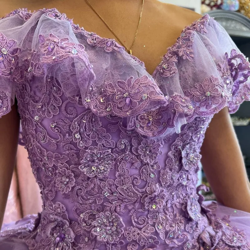 Customized Sequins Lavender Quinceanera Dress 2024 Off Shoulder Applique Lace Beading Sweet 16 Vestidos De 15 Años YQD560