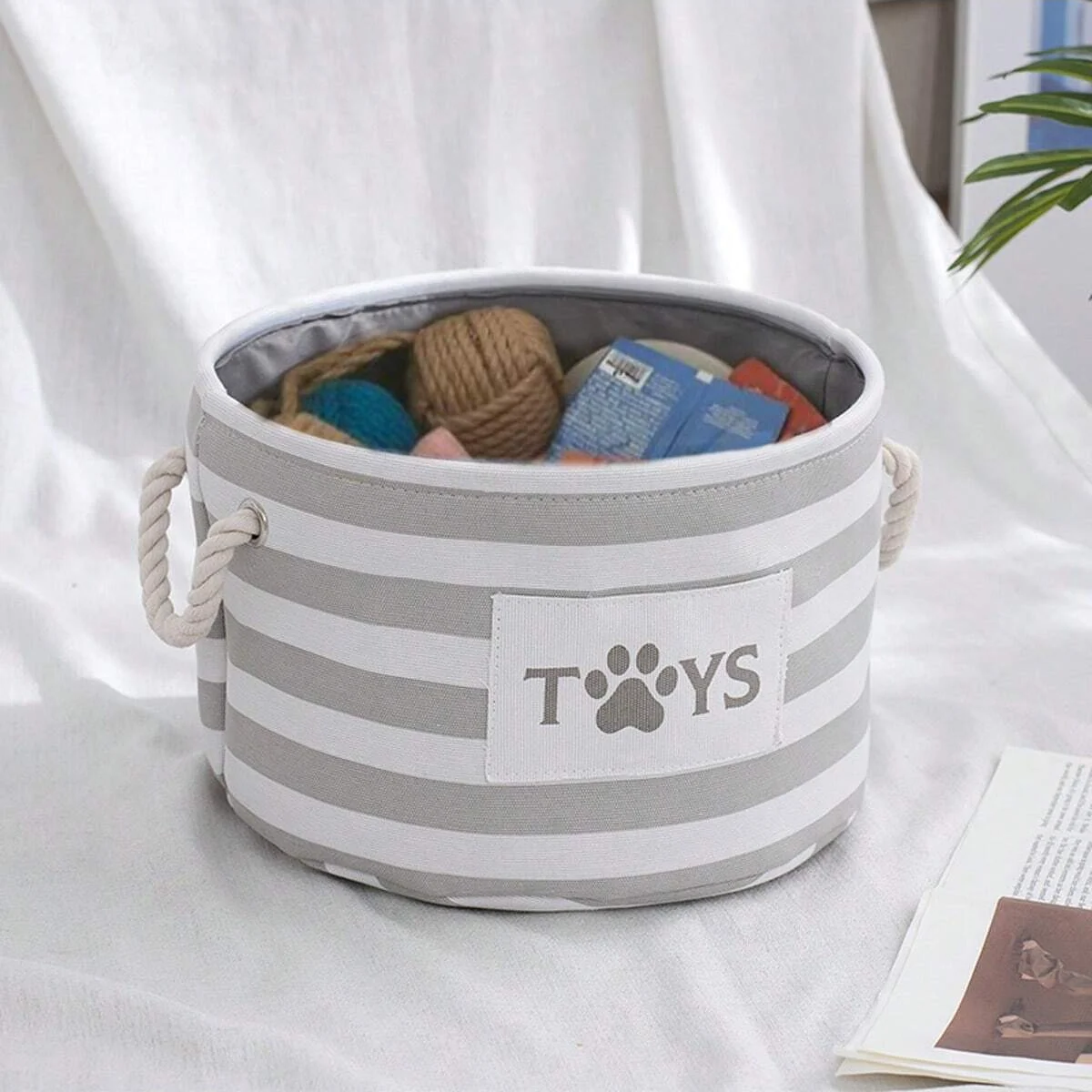 1pc-A foldable striped pet toy basket and a dog toy storage box with a woven rope handle