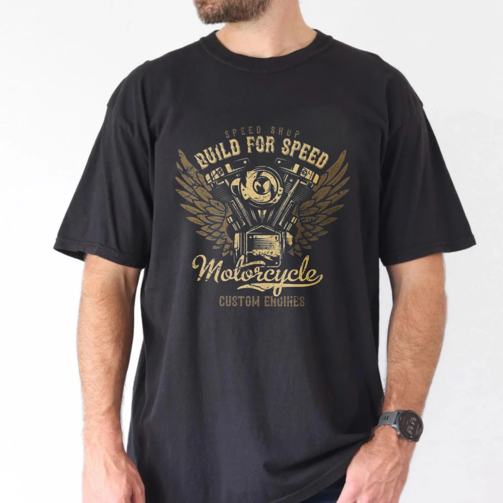 Build For Speed Graphic Tees Winged Motor Engine Racing Culture Men Fashion Tops Retro Trend Cool Street T-Shirt Cotton Shirt