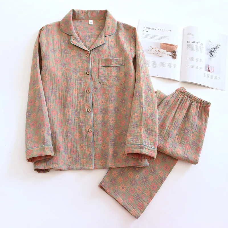 

Pajamas Women Cotton Long-sleeved Home Clothes Suit Jacquard Cotton Cardigan Home Clothes Trousers Casual Pyjamas Soft Sleepwear