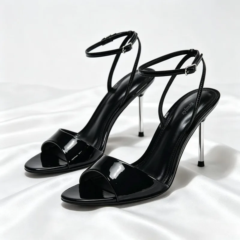 Sexy Brand High Heels Women Open Toe Ankle Strap Patent Leather Metal Thin Heels Sandals Female Elegant Party Dress Shoes Pumps image 3
