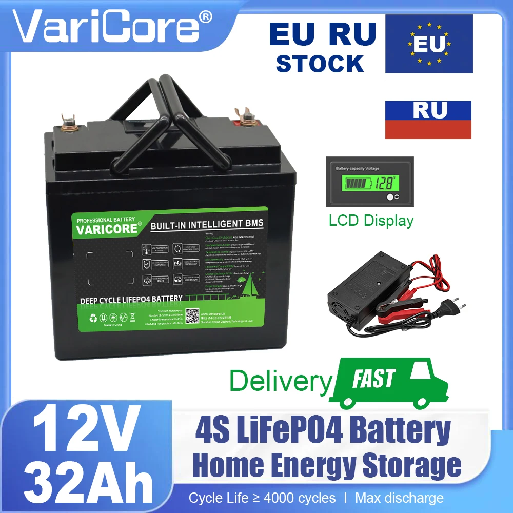 VariCore 12V 40Ah 32Ah LiFePO4 Battery Lithium Iron Phosphate with BMS for 12.8V 4s Golf Cart Car Ignition Solar 14.6v Charger