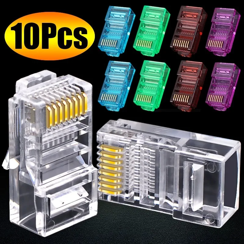 10PCS RJ45 Ethernet Cables Module Plug Network Connector RJ-45 Crystal Heads Cat5 Color Cat5e Gold Plated Cable Modular Plug