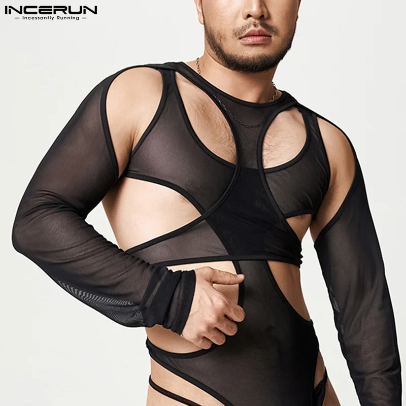 Men Bodysuits Mesh See Through Pajamas 2023 Hollow Out Solid Underwear Sexy O-neck Long Sleeve Men Irregular Bodysuit INCERUN