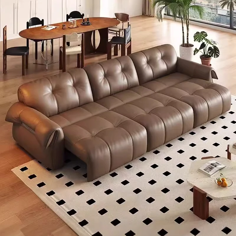 Polar bear electric multi-functional, dual-purpose living room retro Italian, simple, retractable straight-row leather sofa