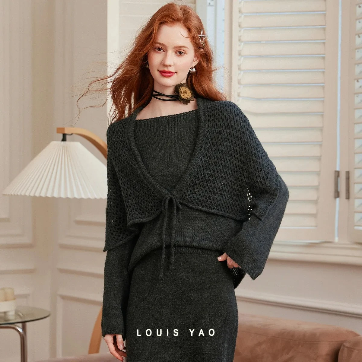 

LOUIS YAO Designer Style Shawl Advanced Sweaters 2026 Autumn Winter Women's Knit Sweater Wool-Blend Slouchy Knitwear Tops