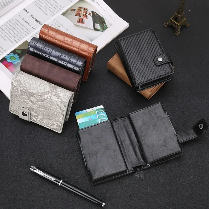 

2024 PU Leather Double Metal ID Credit Card Holder with RFID Vintage Card Case Automatic Money Cash Clip Mini Wallet Tarjetero