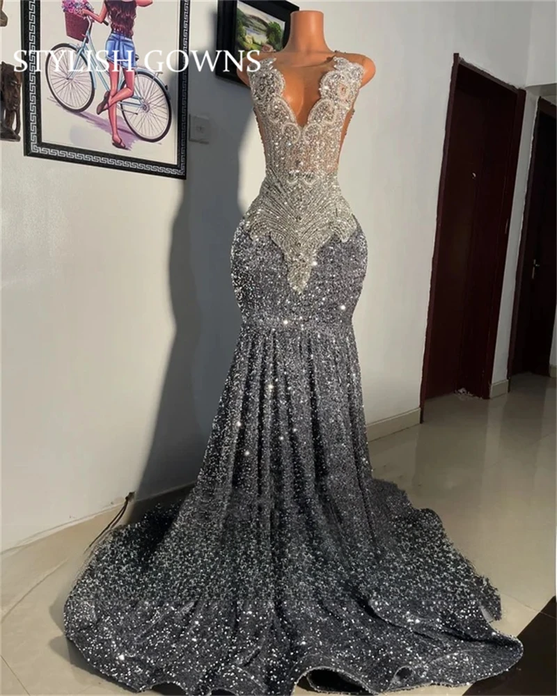 

Sprakly Silver Crystals Diamond Long Prom Dresses Sequins Evening Dress Christmas Dress Bridemaid Robe 2026 Customized
