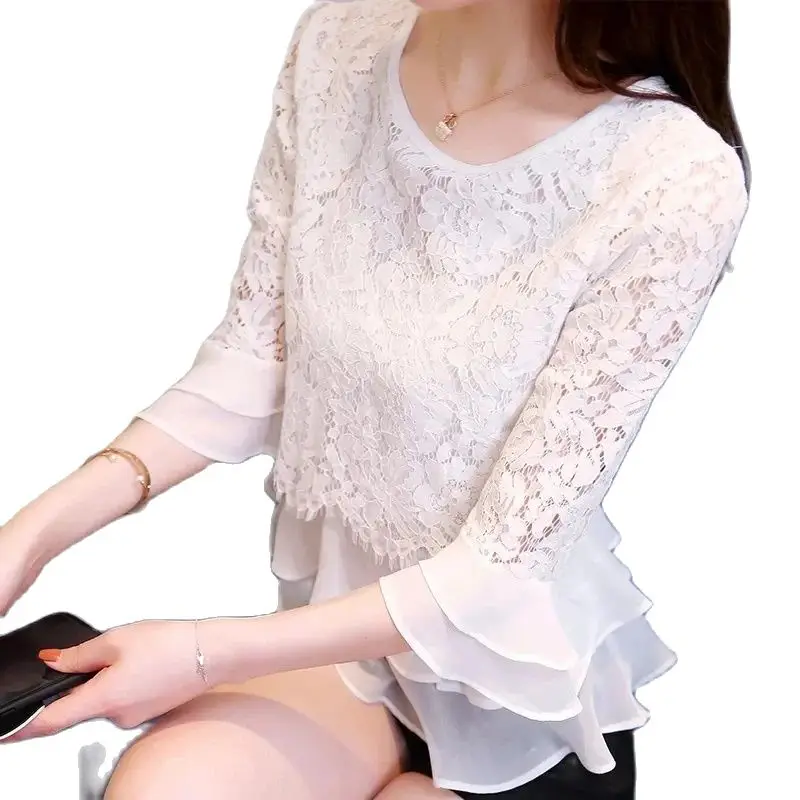 New Red Lace Shirt Summer Women\'s Ruffled Seven-Point Trumpet Sleeves Cover Belly Round Neck Blouse Loose And Slim Blouse