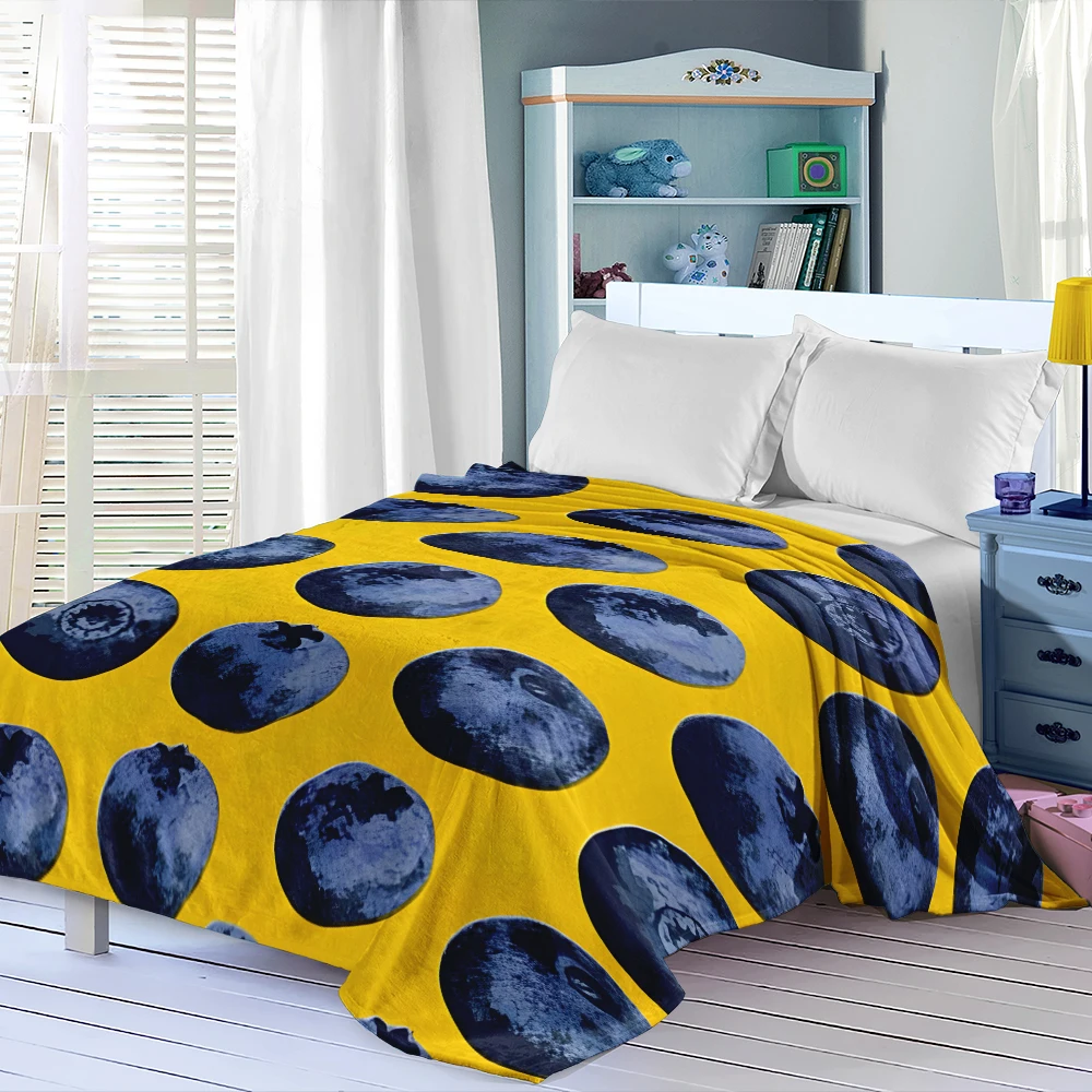 Blueberries Yellow Bright Flannel Blanket Soft Cozy Throw Blanket for Bed Sofa Couch Fuzzy Plush Bed Cover