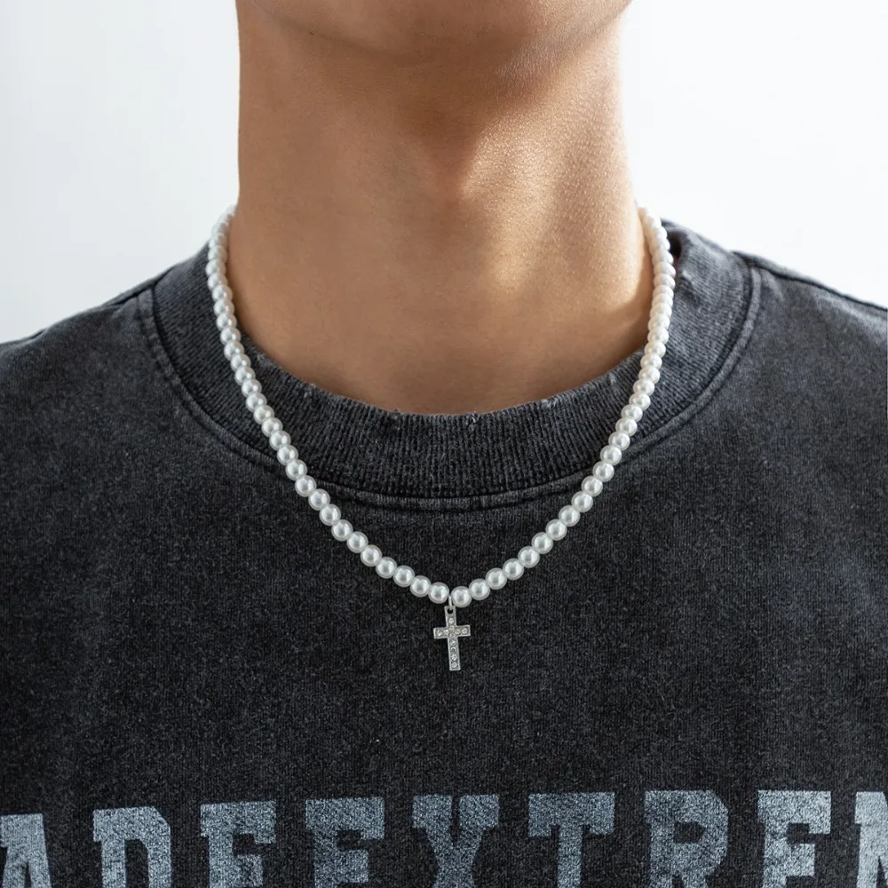 Pearl Beads Chain Cross Pendants Necklace Men Trendy White Beaded Choker Shiny Rhinestone 2023 Fashion Jewelry Male