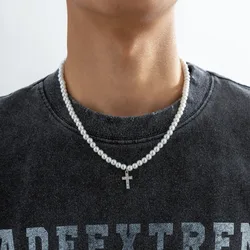 Pearl Beads Chain Cross Pendants Necklace Men Trendy White Beaded Choker Shiny Rhinestone 2023 Fashion Jewelry Male