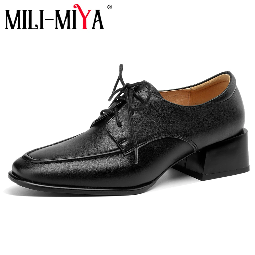 

MILI-MIYA Concise Design Plus Size 34-43 Women Cow Leather Pumps Square Toe Thick Heels Solid Color Casual Street Shoes For Lady