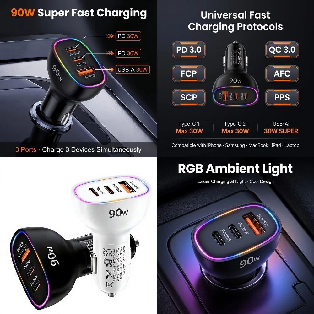 Super Fast 90W Car Charger Multi Port Dual PD 30W Type C USB A 30W Adapter for Laptop MacBook PPS QC3.0 RGB LED Ambient Light