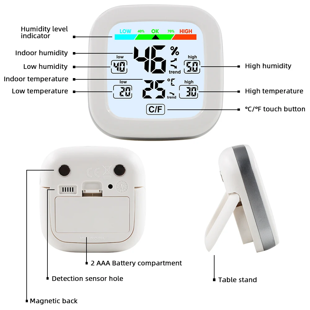 FanJu Digital Wireless Thermometer Hygrometer Level Indication Magnetic Attraction Stand Wall Table Tool Max/Min Record ℃ ℉