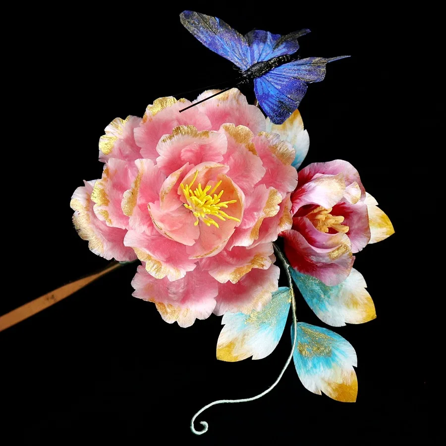Original Handmade High-grade Silk Hairpin Headdress Exquisite Pink Velvet Peony Hairpin Hair Accessories Palace Hairpin Flower H