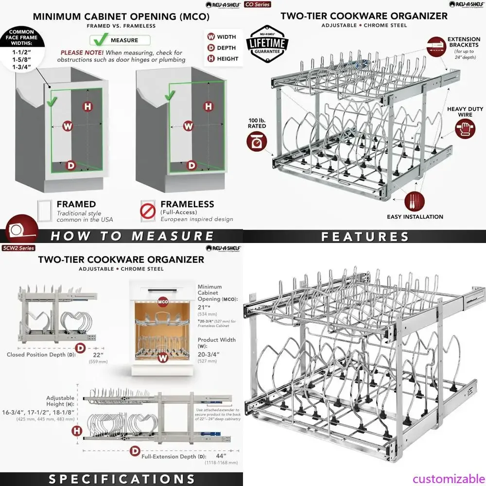 

Kitchen Cabinet 2-Tier Pullout Organizer for Pots, Pans, and Lids - Adjustable Heavy-Duty Wire Storage