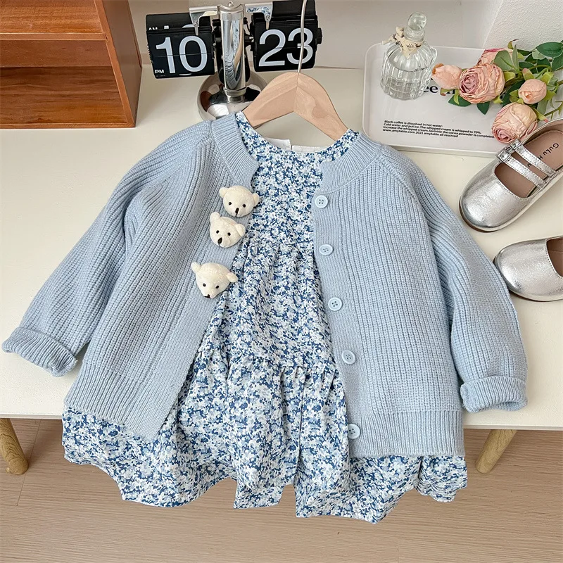 2024 Spring Autumn Kid Baby Girl 2PCS Clothes Set Cotton Floral Ruched Dress Knitted Long Sleeve Coat Suit Toddler Girls Outfits