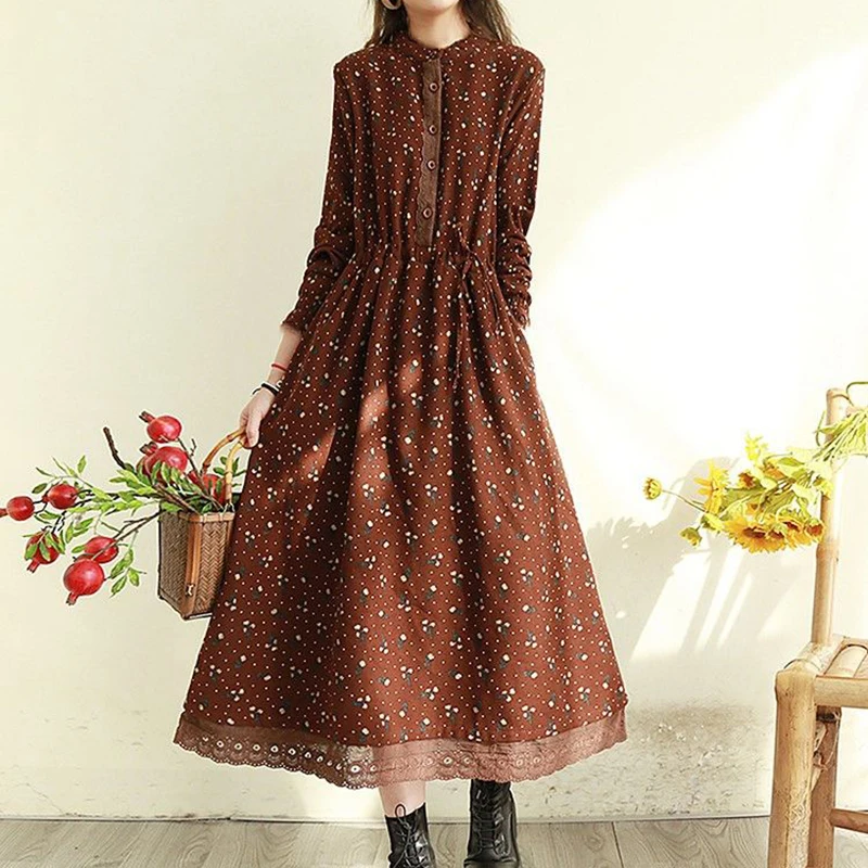 Floral Long-Sleeved Cotton Linen Dresses For Women O-Neck Vintage Long Lace Dress Female 2023 Spring Loose Slim Elegant Vestidos