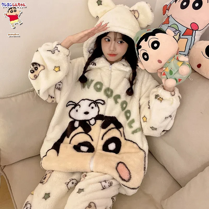 new Crayon Shin-Chan Couples Pajamas Women'S Coral Thickened Velvet Warm Lovely Home Service Suit Autumn Winter Plush Pajamas