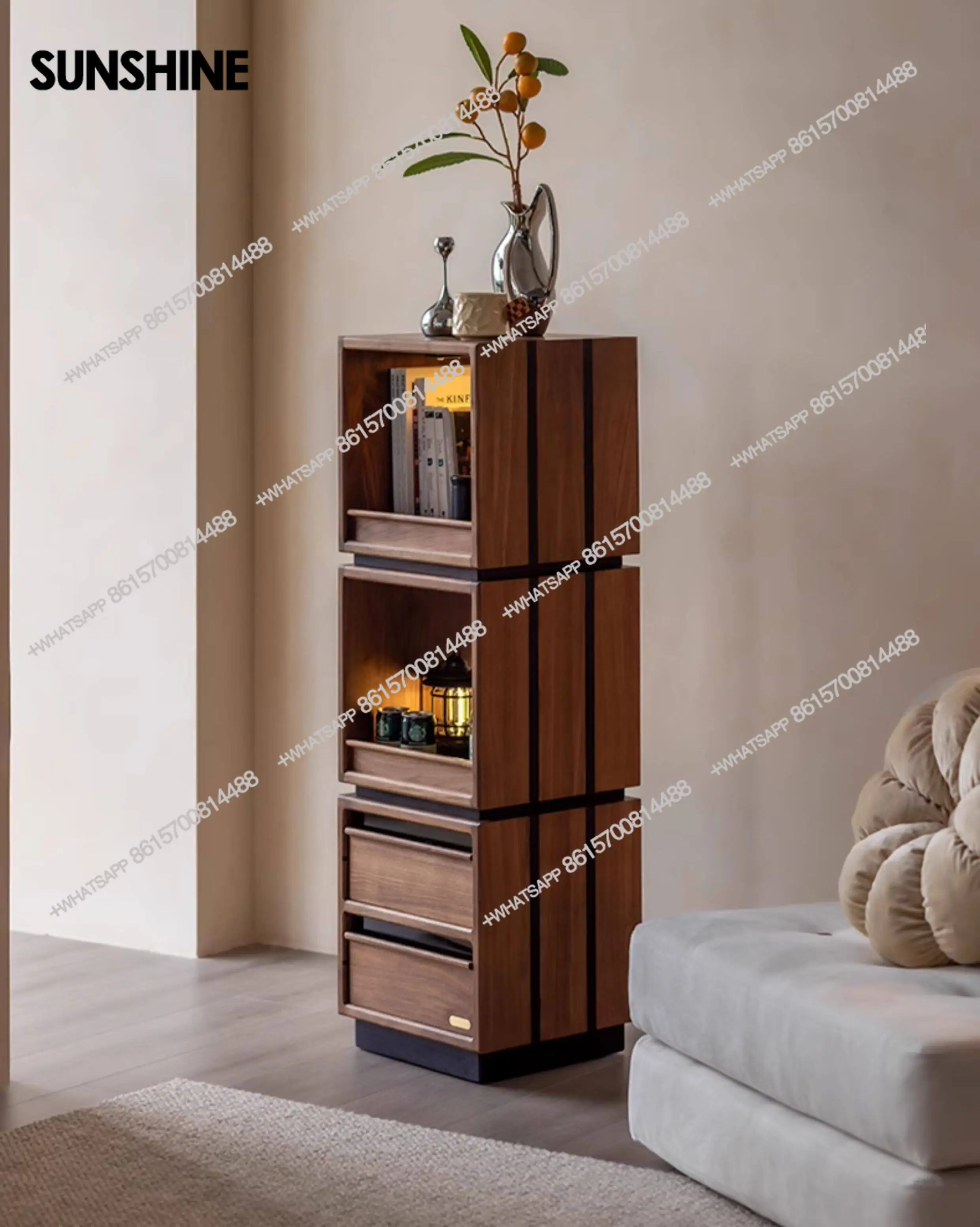 

Solid wood four-layer rotating bookshelf, black walnut small bookcase, small apartment sofa side cabinet
