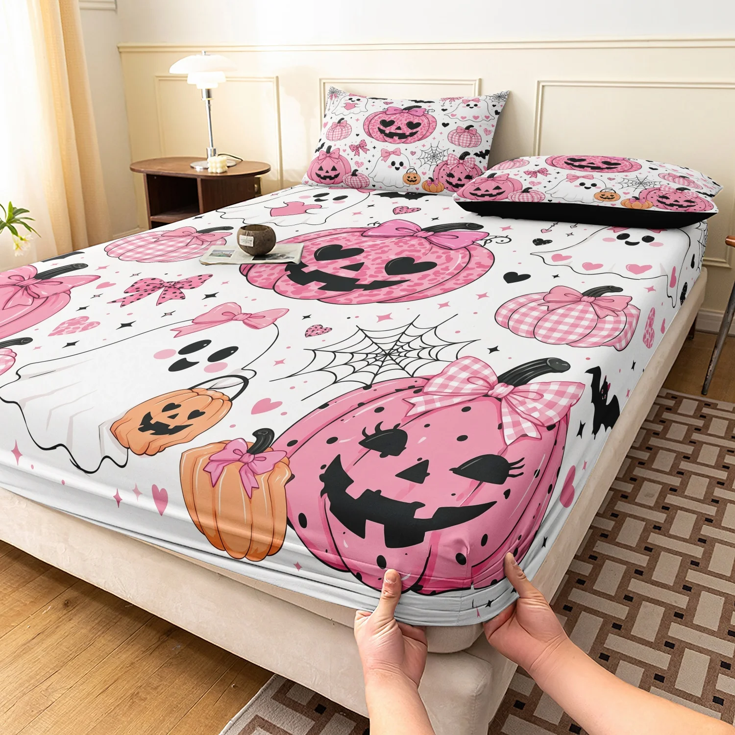  3Pcs Pink Coquette Halloween Print Duvet Cover Set, Leopard Plaid Bow Pumpkin Cute Ghost Bat All Over Printed Bedding