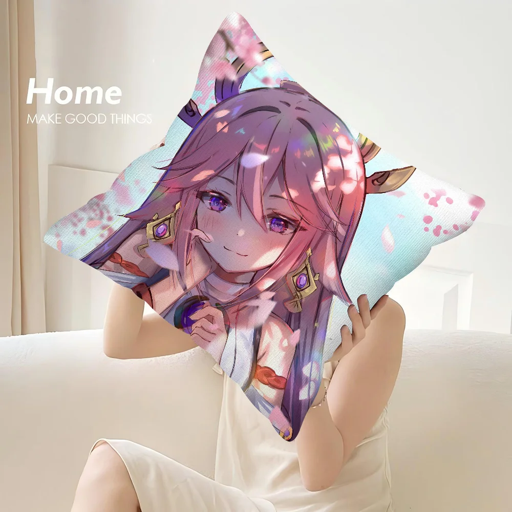 Yae Miko Genshin Impact Pillow Case Sofa Decorative Home Double-sided Printing Short Plush Cushion Cover Throw Pillow Cover