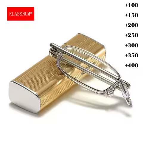 KLASSNUM Foldable Portable Mini Reading Glasses Men Luxury Aluminum Box Plus Reading Glasses Magnifing Lens +1.0+1.5+2.0 2.5 3.0