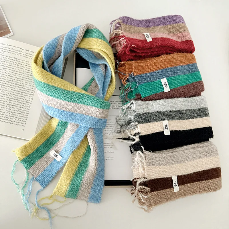 

Rainbow color-blocked vertical stripe wool scarf for women, soft winter fringe neck warmer with a cozy vibe