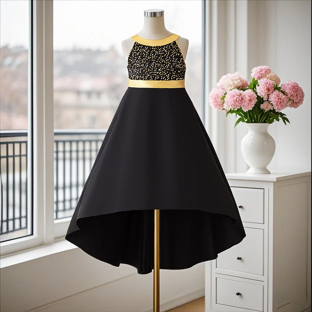 Schwarzes Mädchenkleid mit Pailletten-Design, Neckholder-Kleid, elegant und hochwertig, geeignet für Partys
