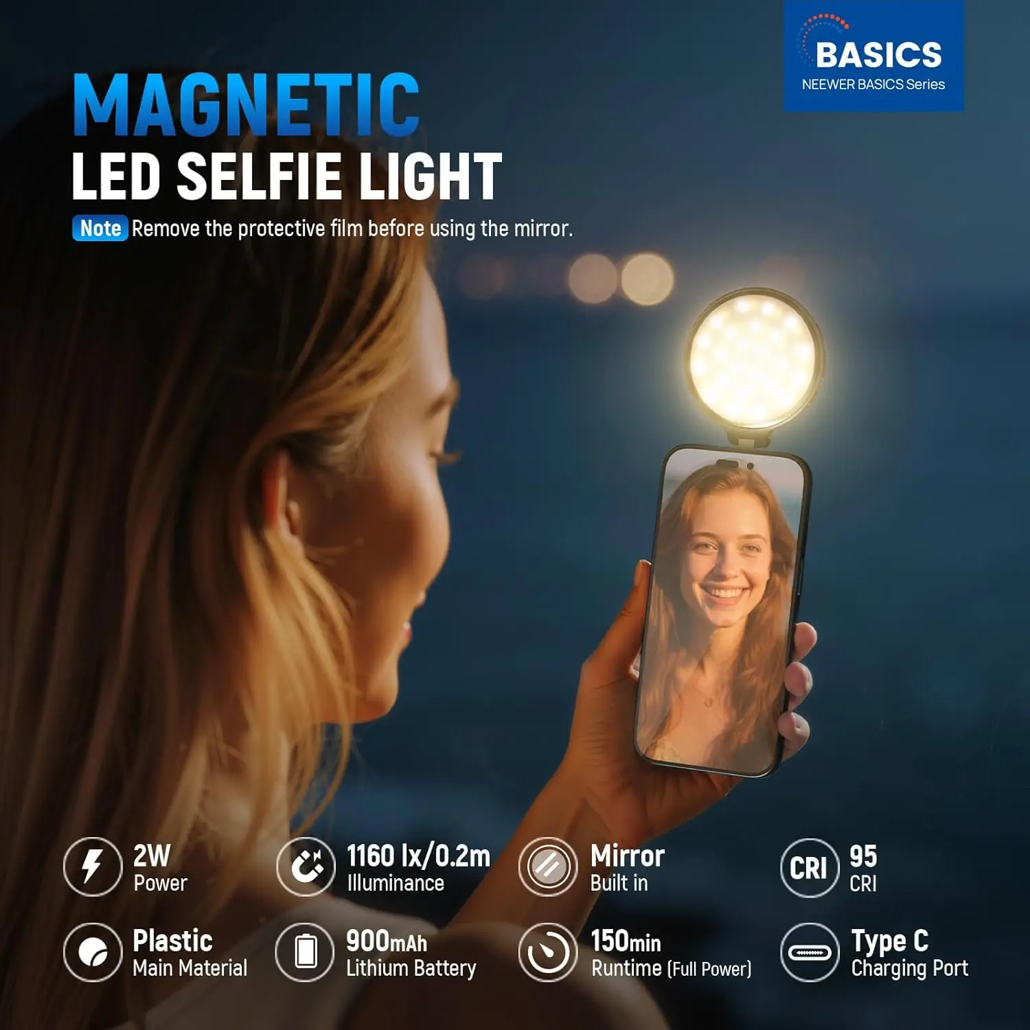 NEEWER Basics Magnetisches LED-Selfie-Licht Kompatibel mit MagSafe iPhone, Tischständer Handyhalter mit Schminkspiegel 900mAh – Detail 7
