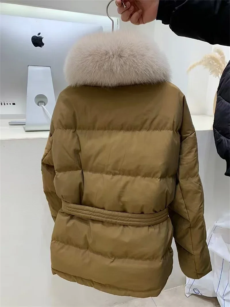 Collo in vera pelliccia di volpe invernale da donna piumino d'anatra bianco giacca corta cintura femminile cappotto caldo spesso capispalla sottile di lusso