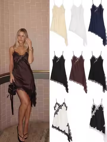 HH Women Lace Trim Satin Cami Dress Irregular Hem Spaghetti Strap V Neck Dresses For Women Club Night Evening Dress Vestidos